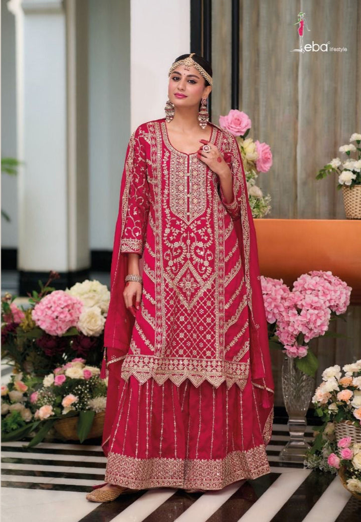 Red Karwachauth Special Party Wear Heavy Embroidered Straight Kurta With Sharara and Dupatta