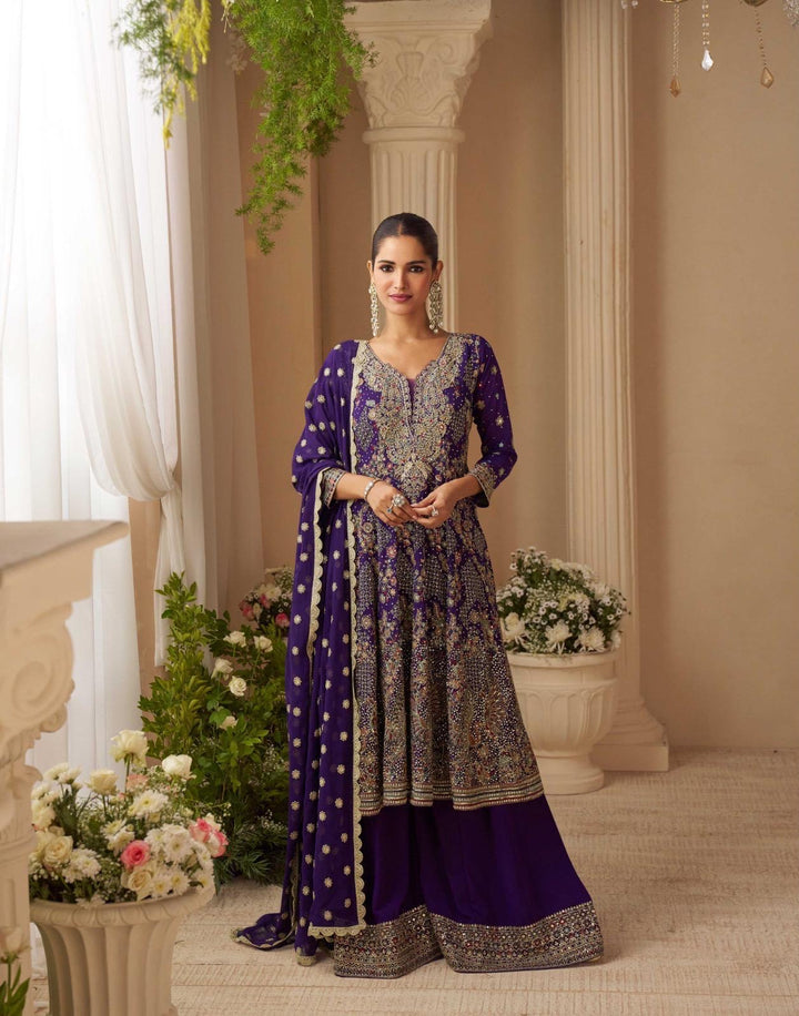 Purple Heavy Anarkali Style Swaroski Embroidered Party Wear Palazzo Suit
