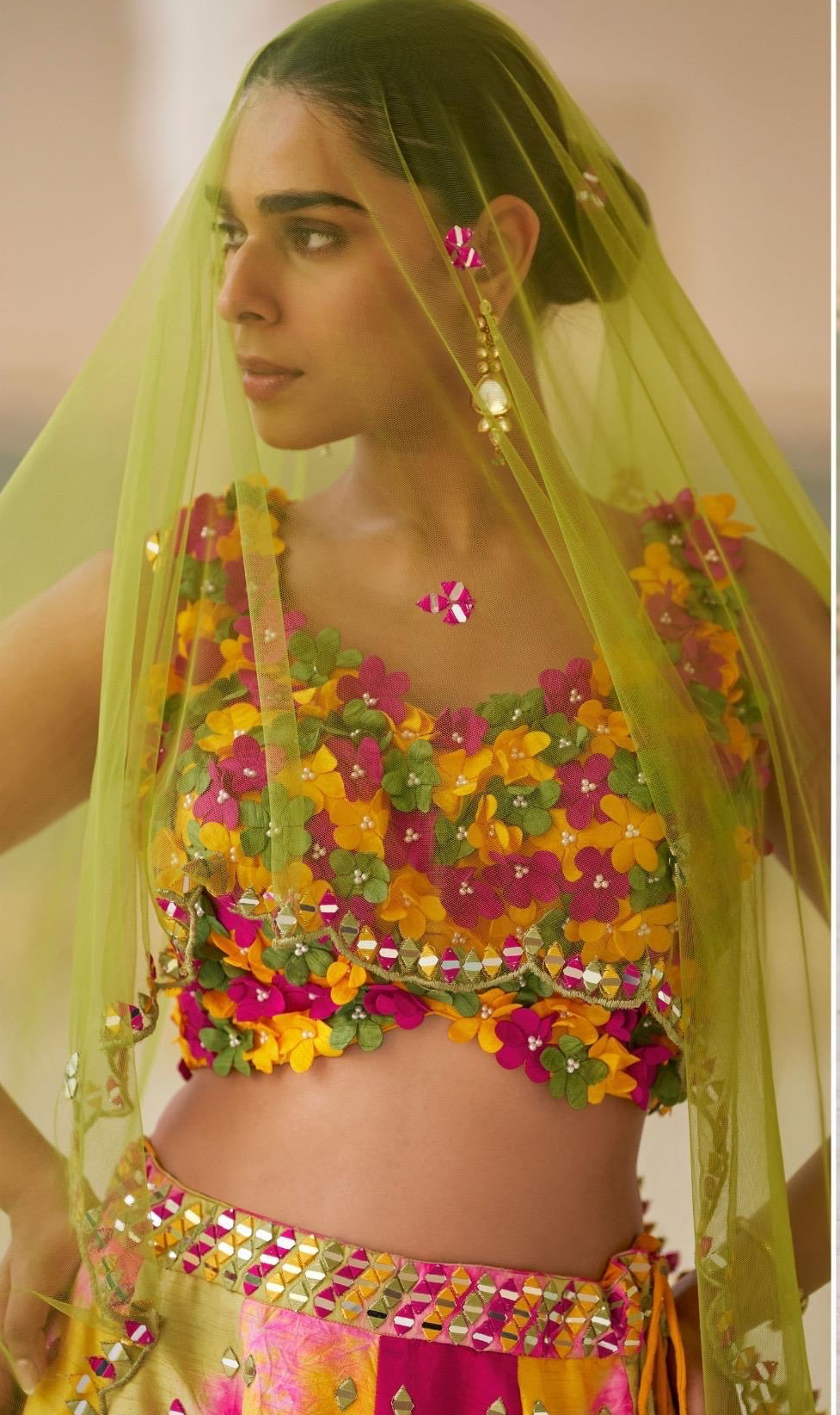 Multicolour Yellow And Pink Tie Dye Lehenga Set