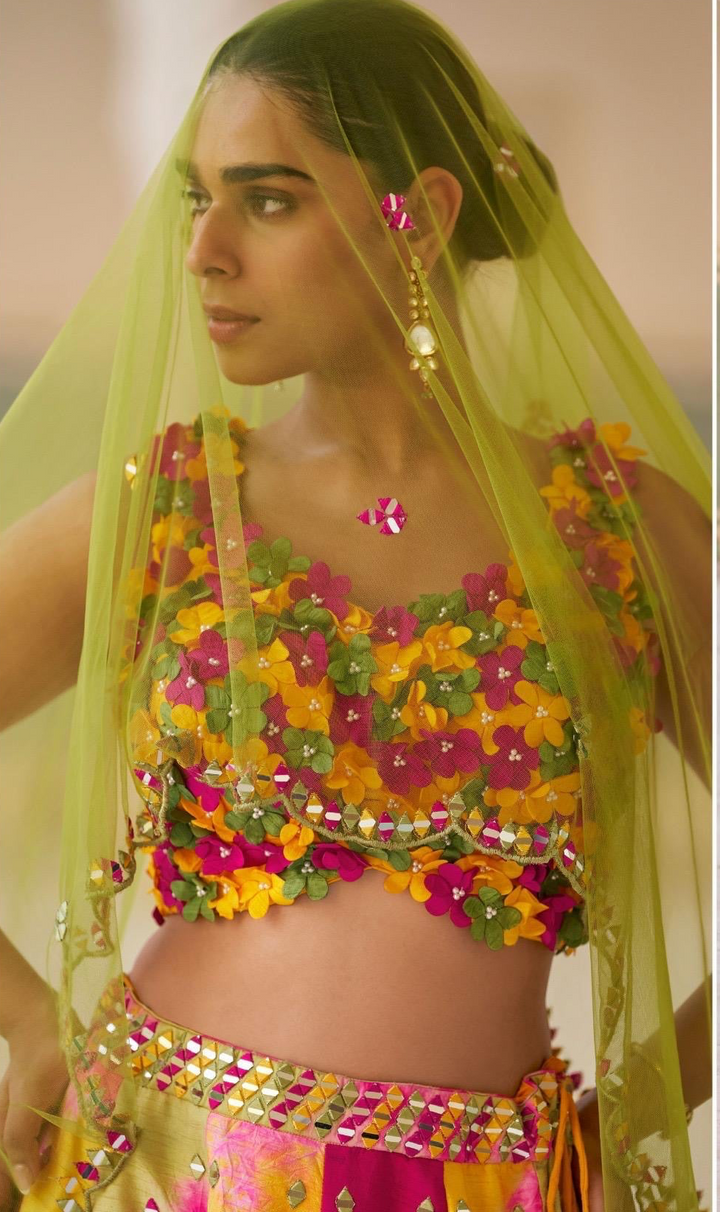 Multicolour Yellow And Pink Tie Dye Lehenga Set