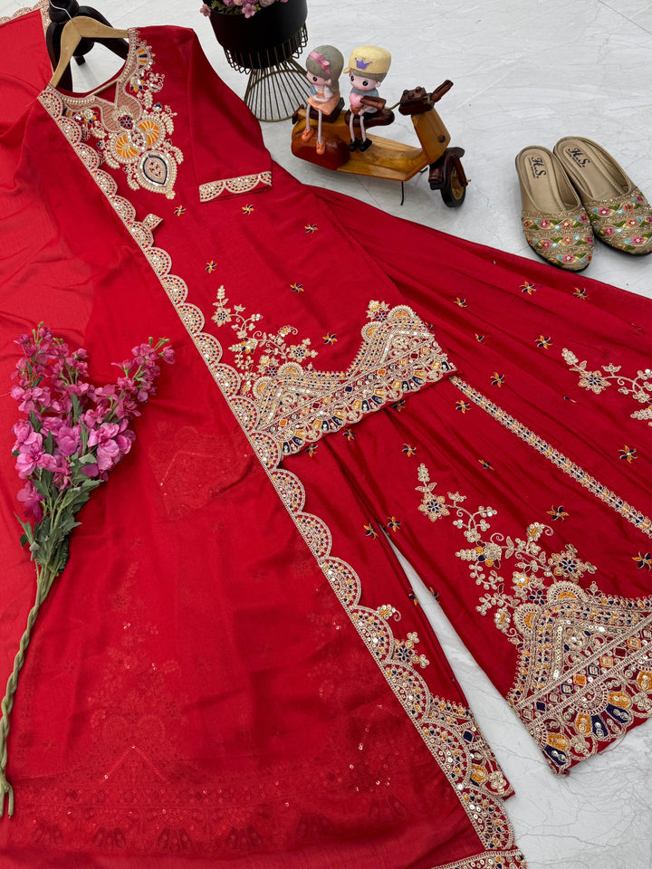 Red Karwachauth Special Party Wear Embroidered Straight Kurta With Sharara and Dupatta