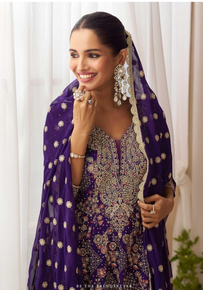 Purple Heavy Anarkali Style Swaroski Embroidered Party Wear Palazzo Suit