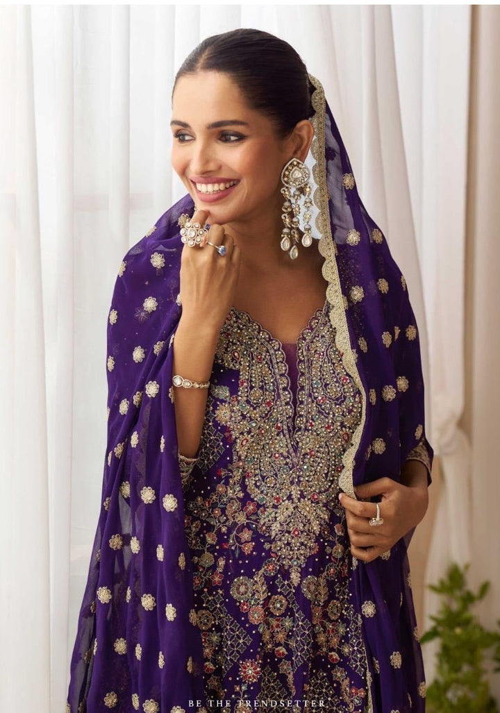 Purple Heavy Anarkali Style Swaroski Embroidered Party Wear Palazzo Suit