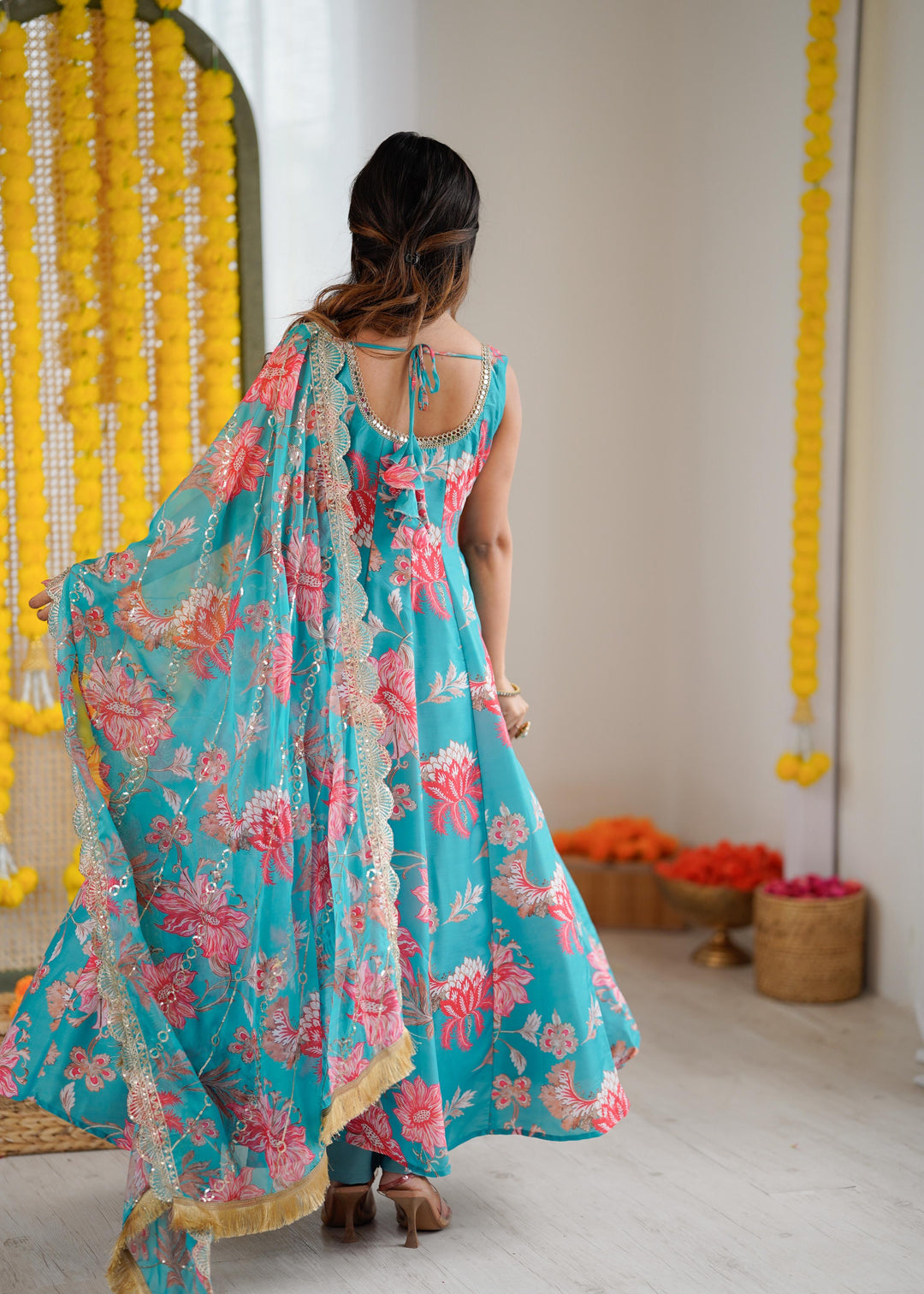 Light Blue Floral Long Anarkali Festive Suit