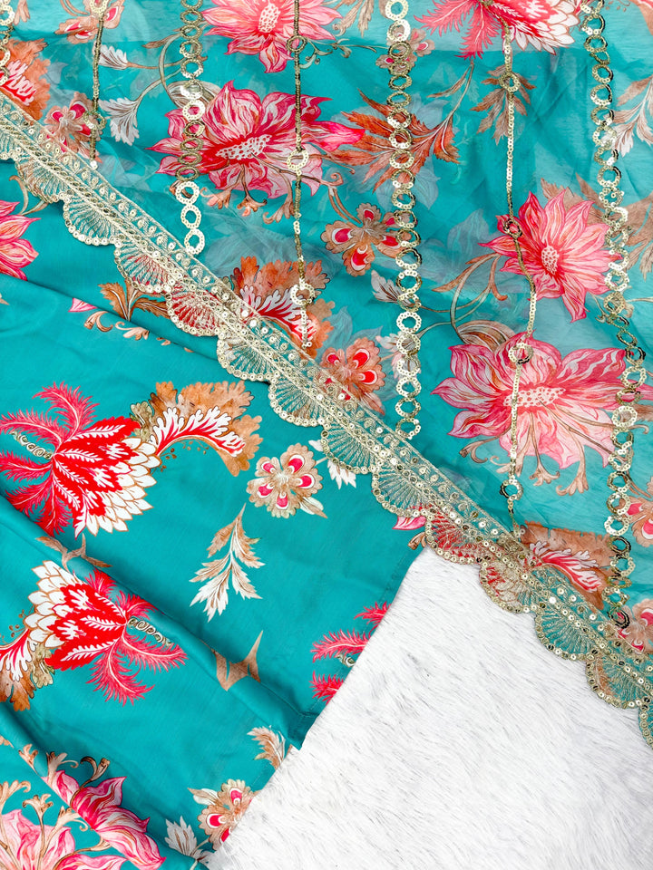 Light Blue Floral Long Anarkali Festive Suit