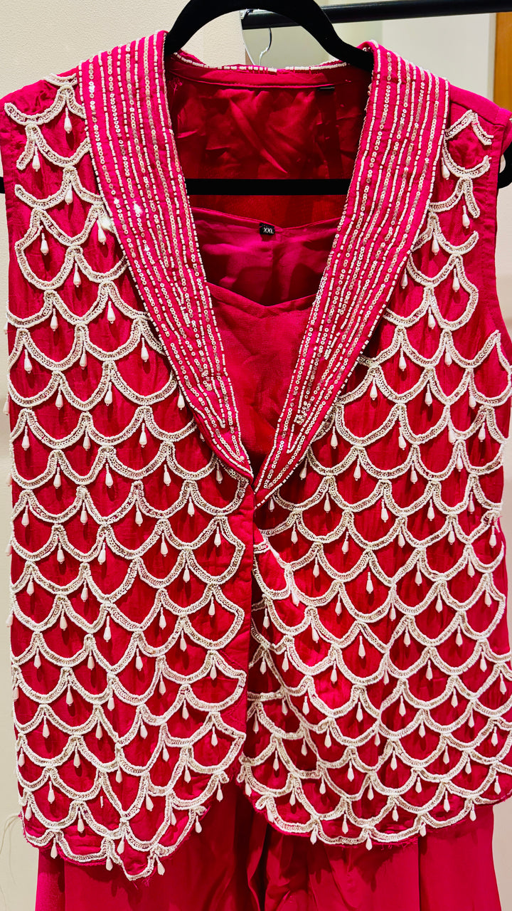 Rani Pink 3 Piece Indo Western Jacket Style Palazzo Party Wear Set