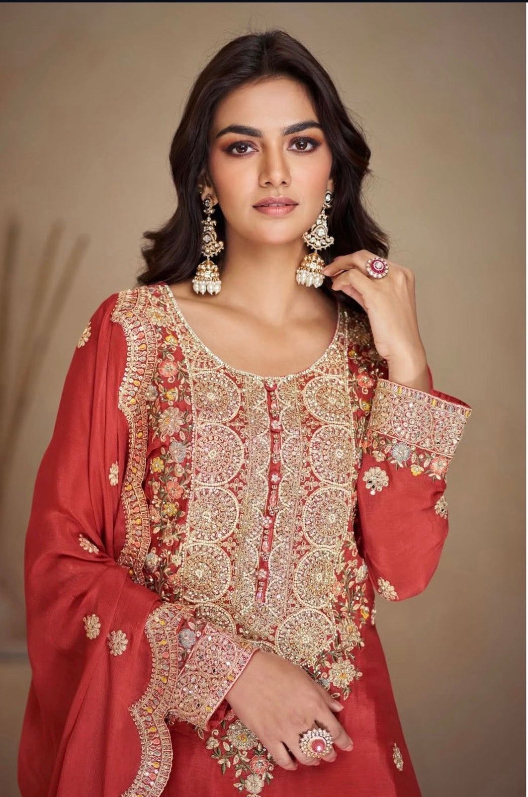 Al Seef Rust Embroidered Festive Wear A Line Kurta Skirt Set