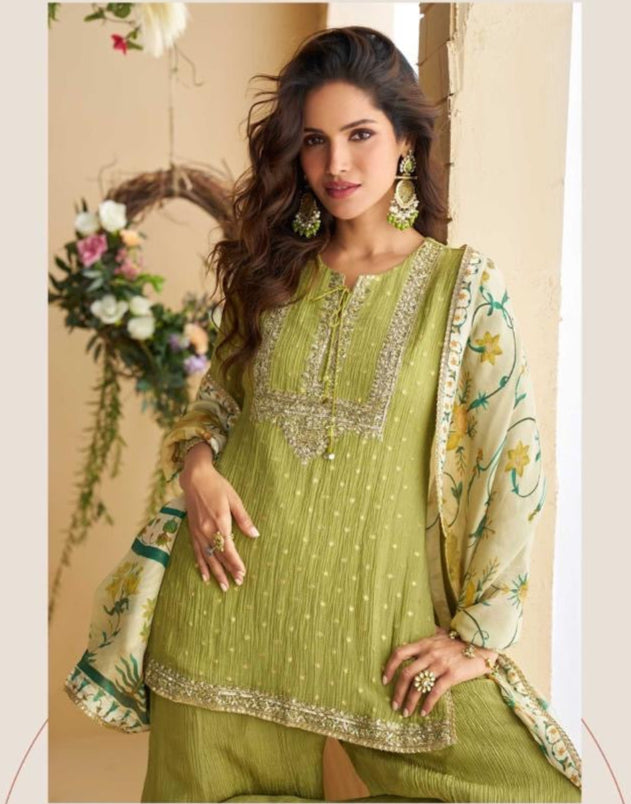 Light Green Festive Palazzo Suit With Printed Dupatta
