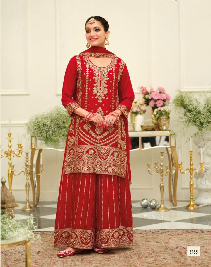 Red Karwachauth Special Party Wear Heavy Embroidered Straight Kurta With Palazzo and Red Dupatta