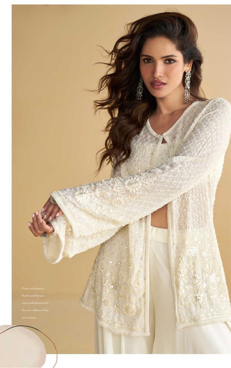 Designer White 3 Piece Indo Western Cape Party Wear Set
