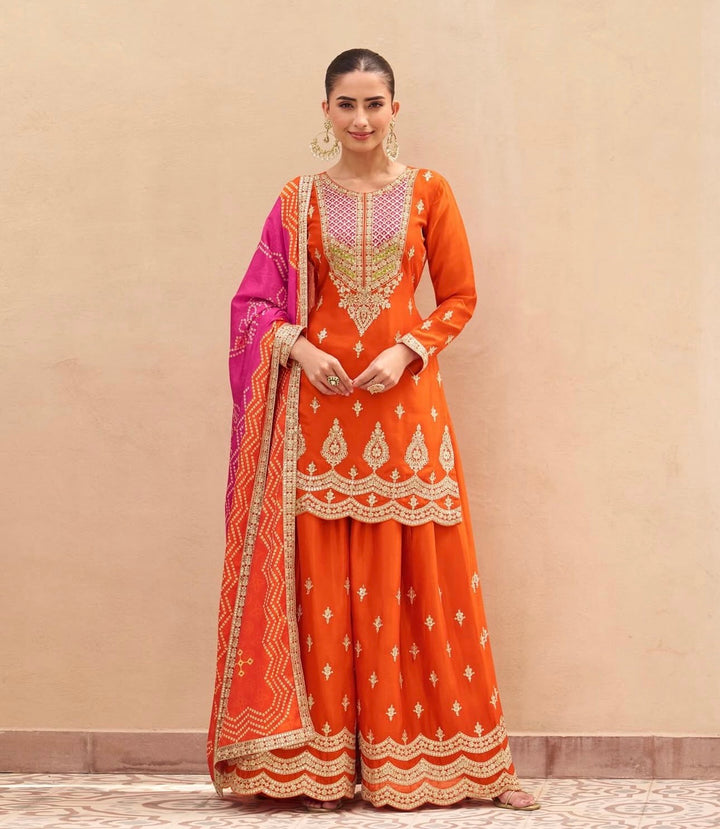 Global Village Heavy Embroidered Orange and Pink Festive Palazzo Suit Set