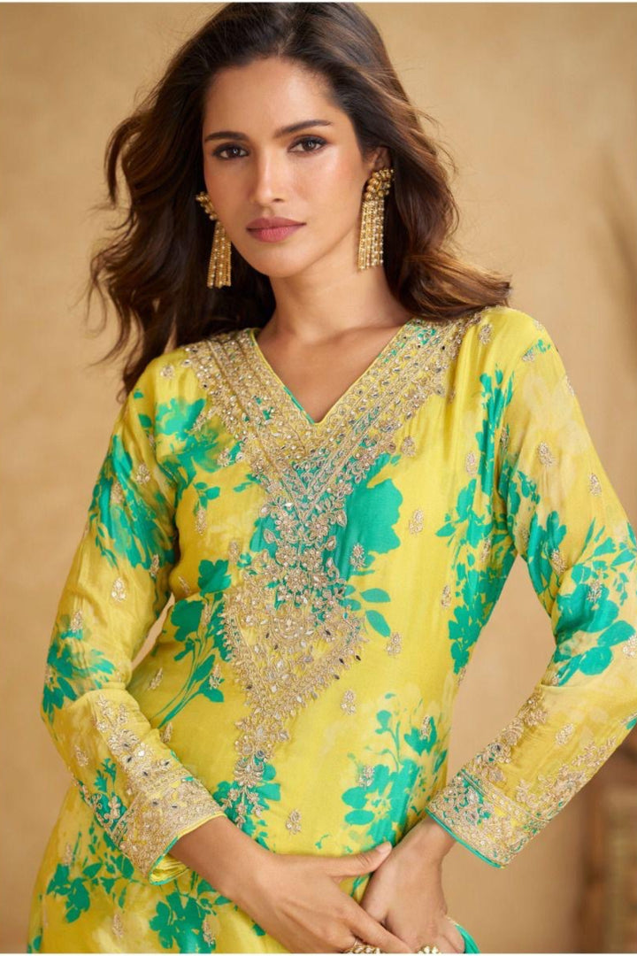 Yellow Green Printed Dual Shade Palazzo Festive Suit Set