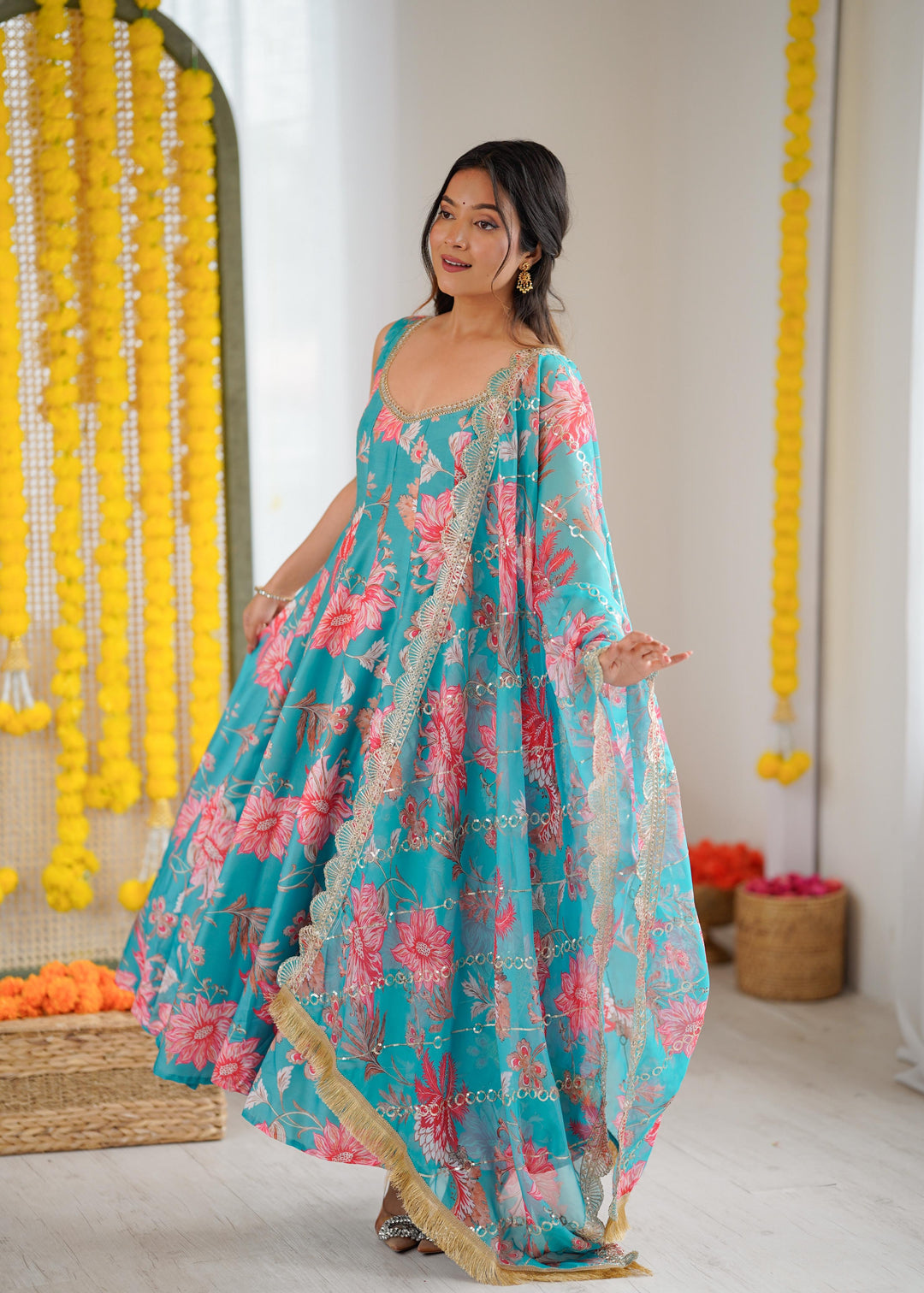 Light Blue Floral Long Anarkali Festive Suit