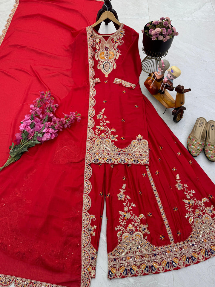 Red Karwachauth Special Party Wear Embroidered Straight Kurta With Sharara and Dupatta