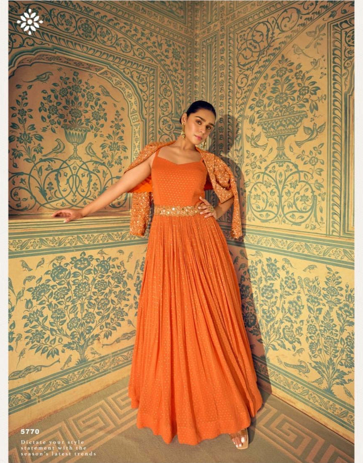 Orange Designer Wedding Gown With Jacket and Embroidery