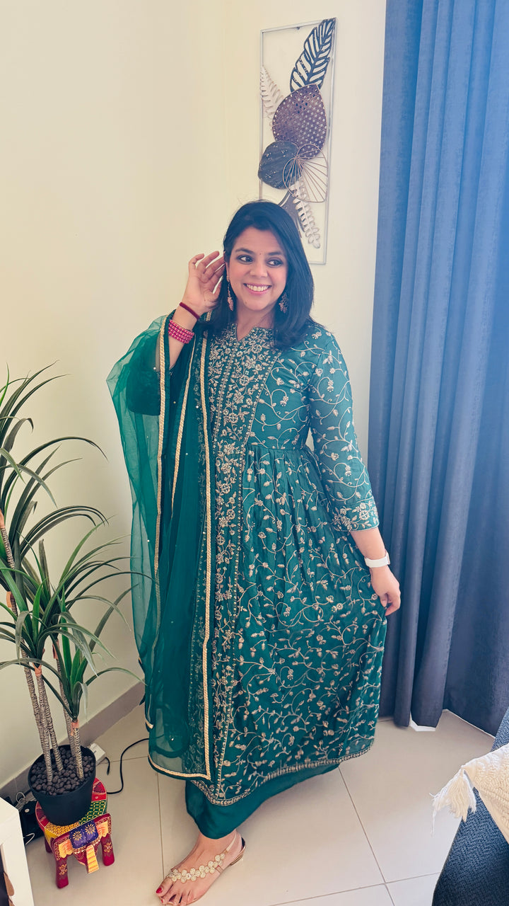 Emerald Green Festive Anarkali Gown with Heavy Golden Embroidery