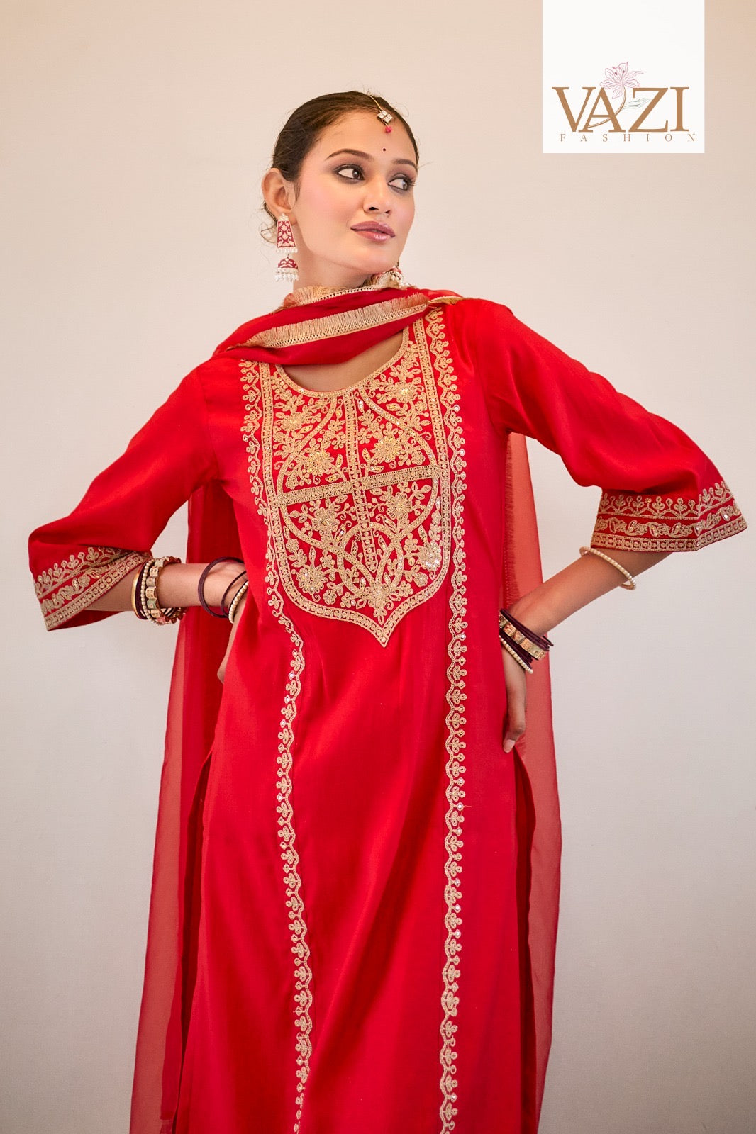 Red Karwachauth Special Party Wear Embroidered Kurta With Pants And Red Dupatta