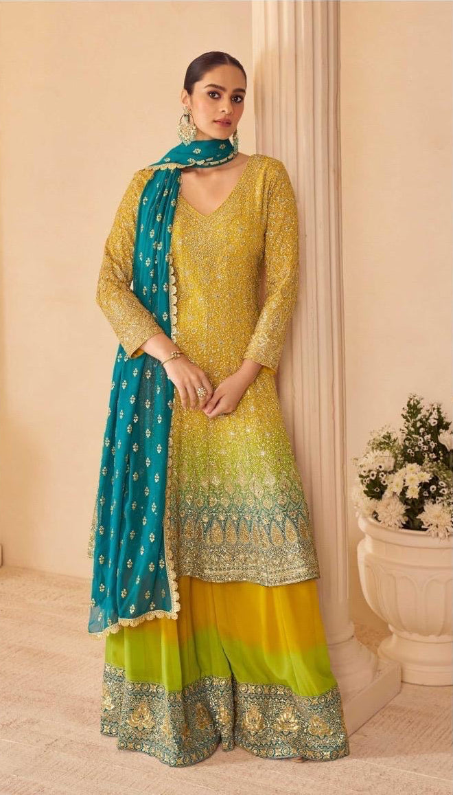 Yellow Teal Heavy Anarkali Style Swaroski Embroidered Party Wear Palazzo Suit