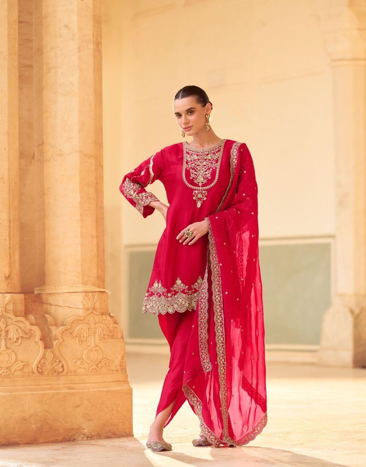 Red Karwachauth Special Party Wear Embroidered Kurta With Tulip Dhoti Pants and Red Dupatta