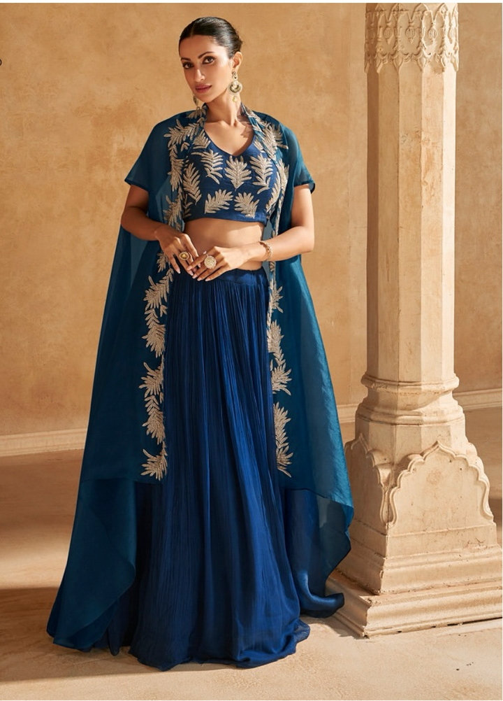 Blue Embroidered Cape Lehenga Set