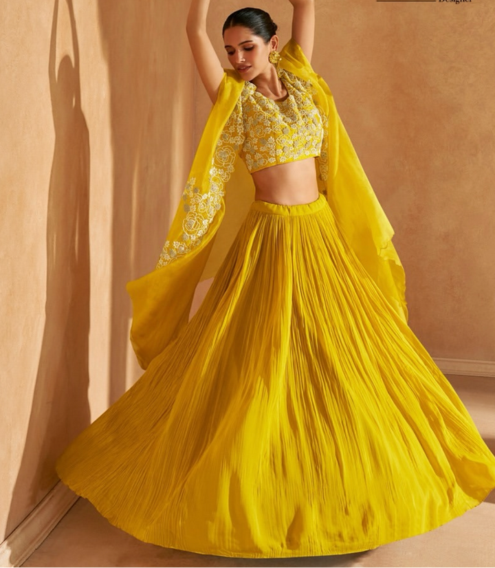 Yellow Embroidered Cape Lehenga Set