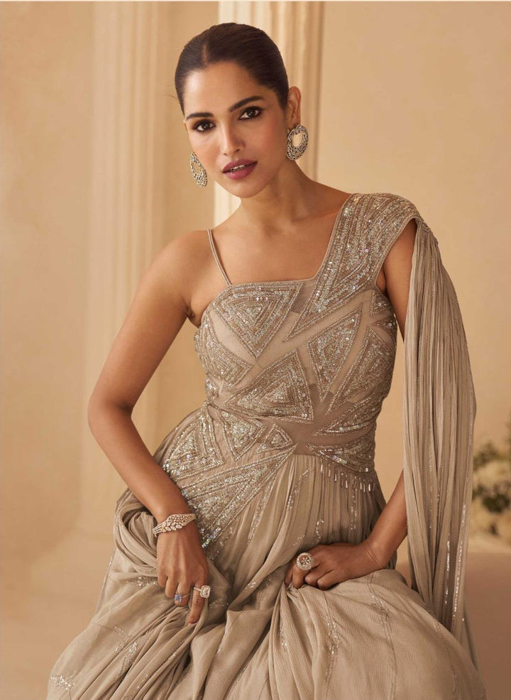 Golden Wedding Special Hand Embroidered Gown with Dramactic Sleeves