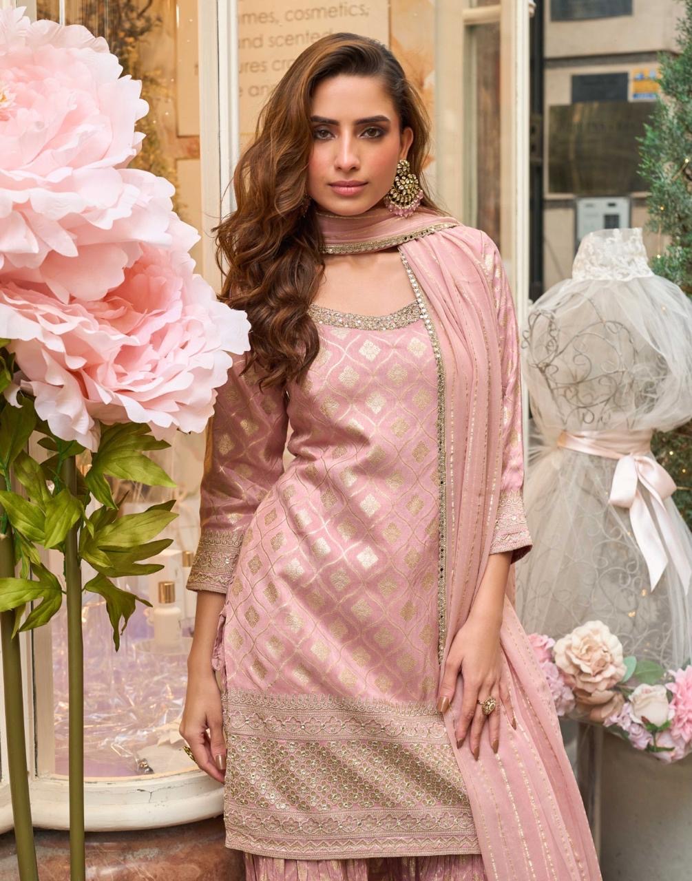 Baby Pink And Golden Festive Embroidered Sharara Suit