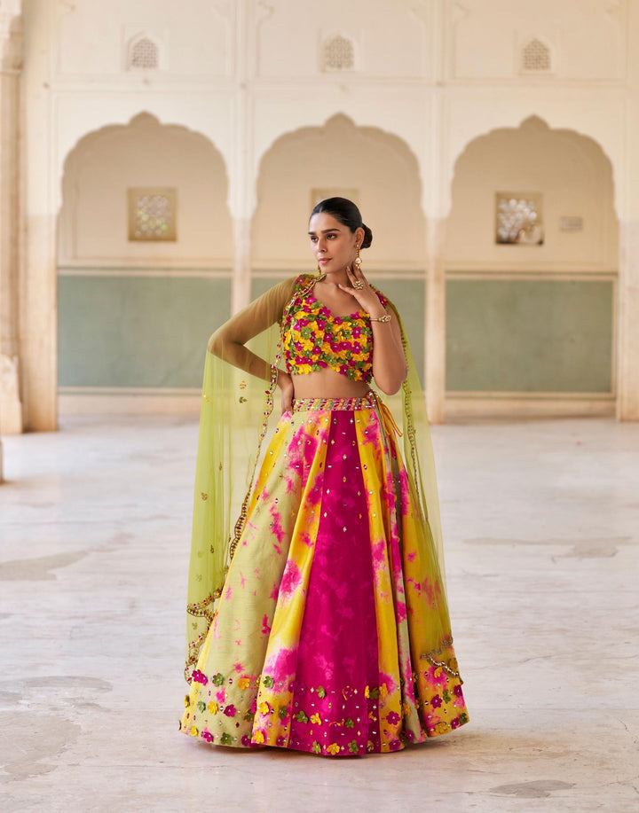 Multicolour Yellow And Pink Tie Dye Lehenga Set
