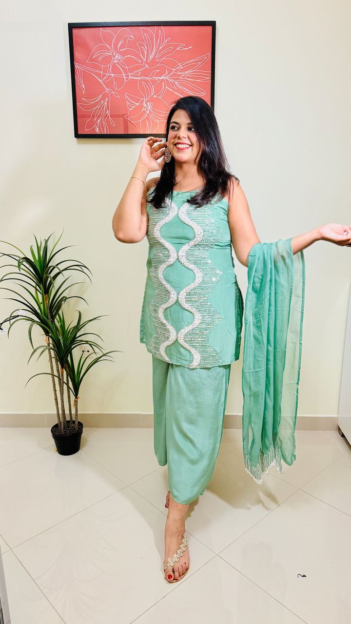Pastel Green Heavy Embroidered Party Wear Kurta Palazzo Suit