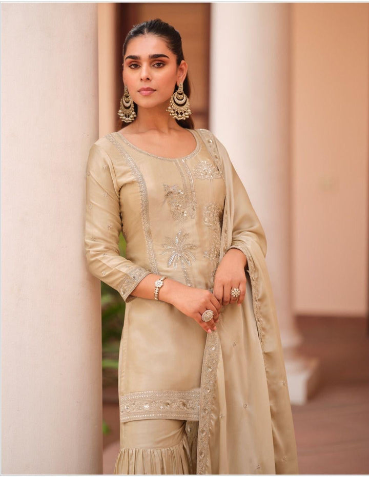 Off White - Golden Embroidered Party Wear Sharara Style Suit Set
