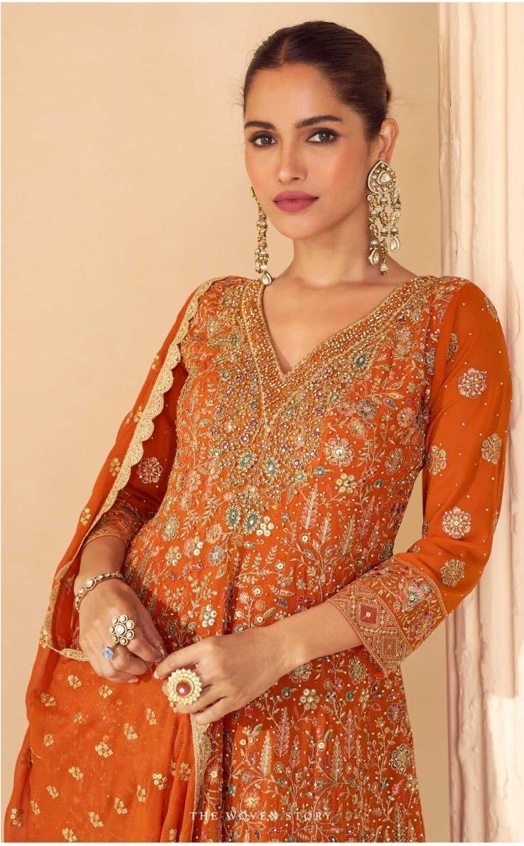 Orange Heavy Anarkali Style Swaroski Embroidered Party Wear Palazzo Suit