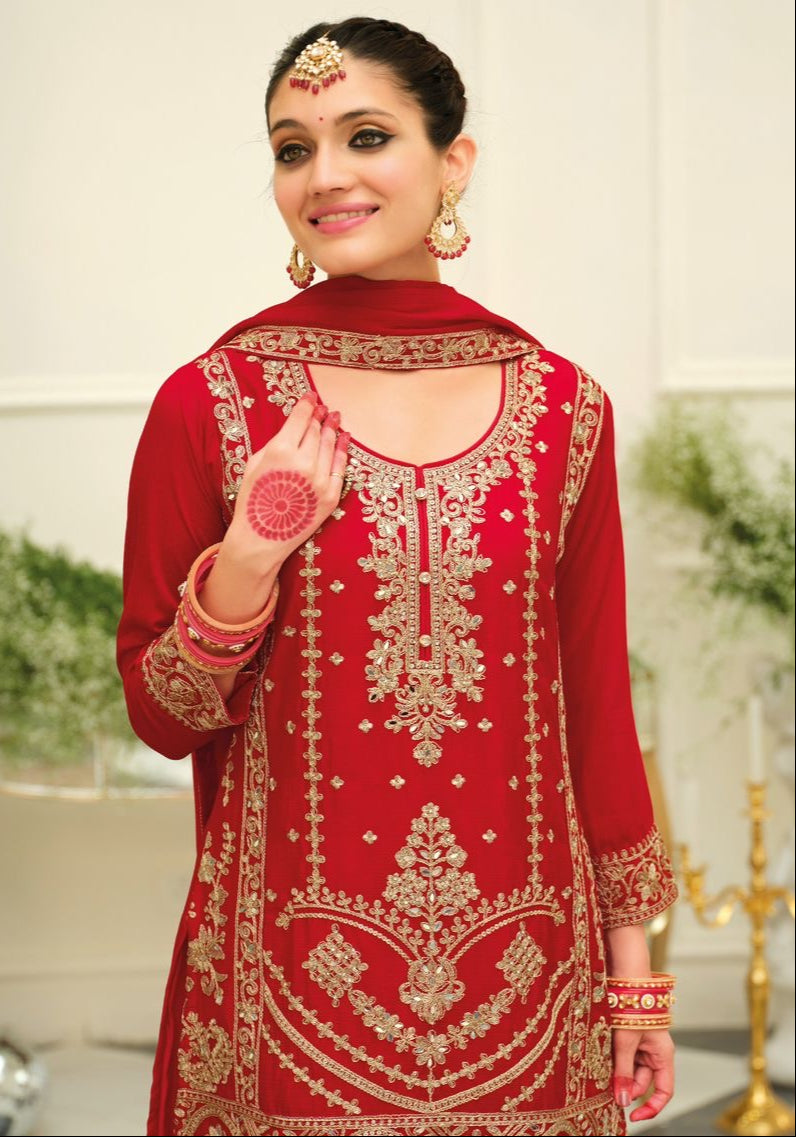Red Karwachauth Special Party Wear Heavy Embroidered Straight Kurta With Palazzo and Red Dupatta
