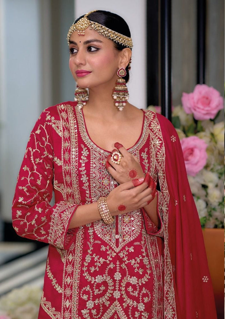 Red Karwachauth Special Party Wear Heavy Embroidered Straight Kurta With Sharara and Dupatta
