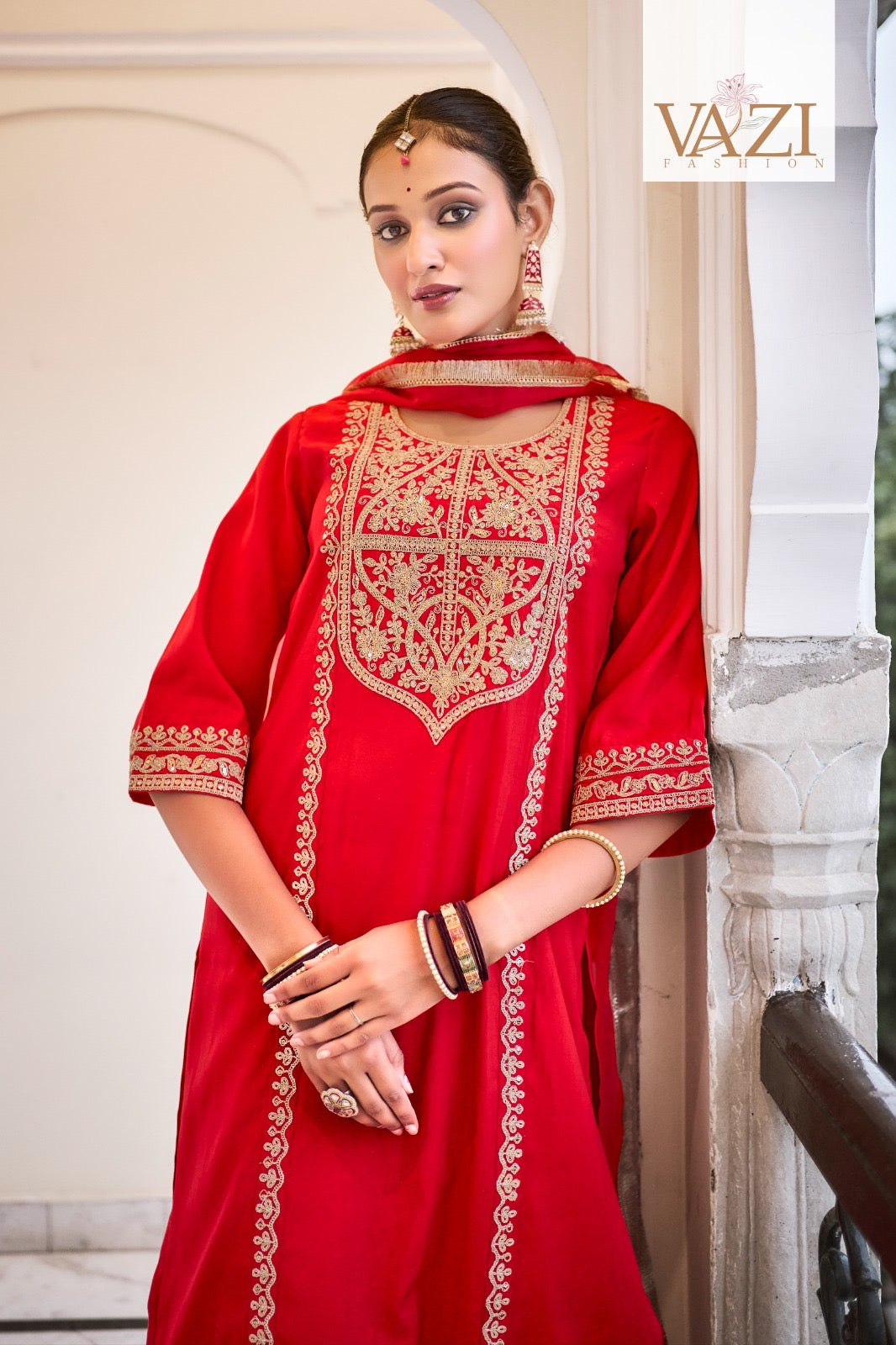 Red Karwachauth Special Party Wear Embroidered Kurta With Pants And Red Dupatta