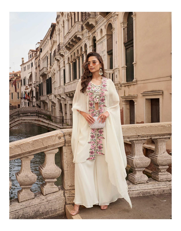 White 3 piece Indo Western Floral Embroidered Cape Set
