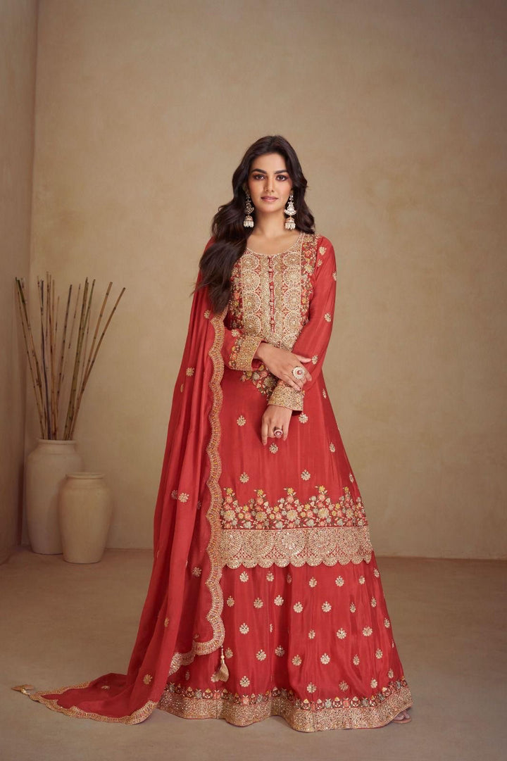 Al Seef Rust Embroidered Festive Wear A Line Kurta Skirt Set