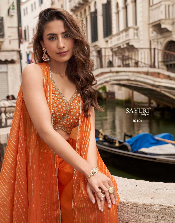 Orange Cape 3 piece Indo Western Drape Skirt Set