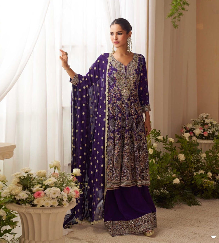 Purple Heavy Anarkali Style Swaroski Embroidered Party Wear Palazzo Suit