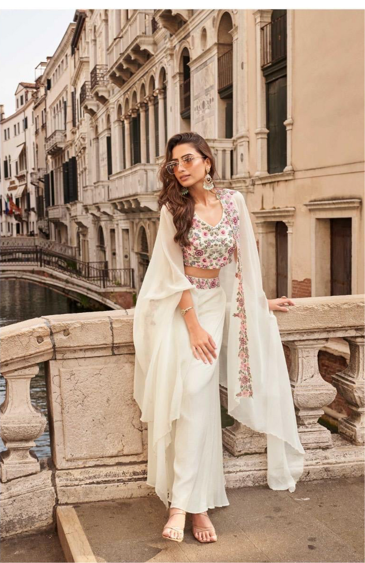 White 3 piece Indo Western Floral Embroidered Cape Set
