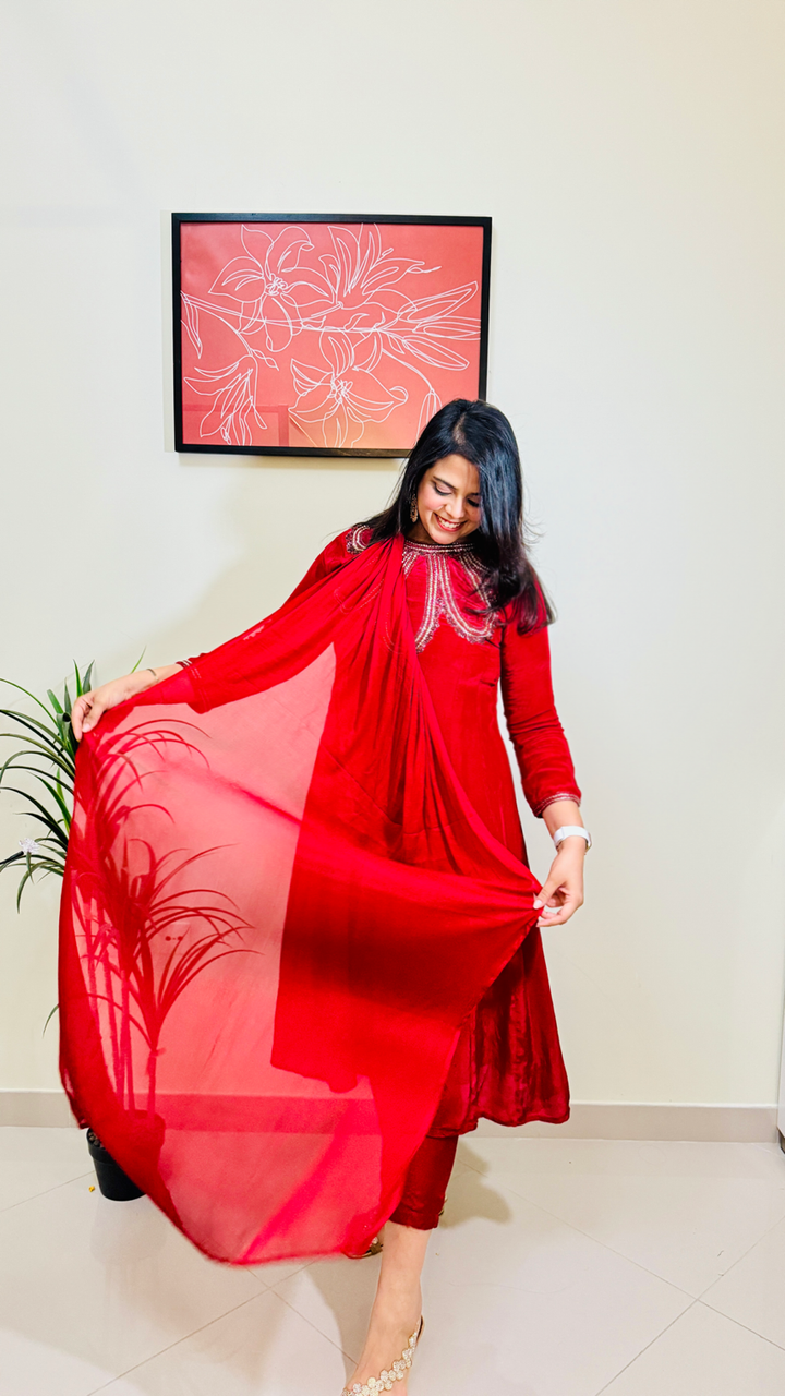 Maroon Embroidered Crepe Anarkali Suit