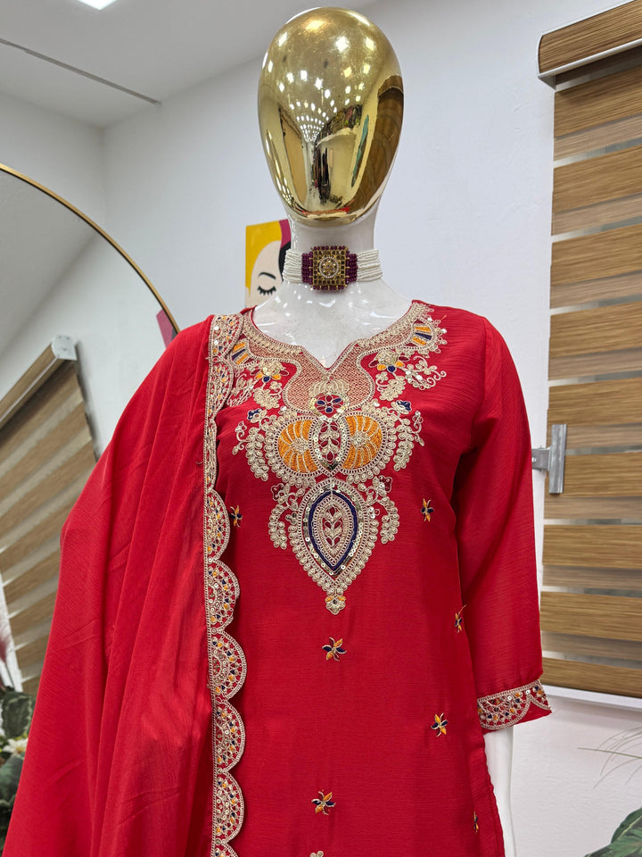 Red Karwachauth Special Party Wear Embroidered Straight Kurta With Sharara and Dupatta