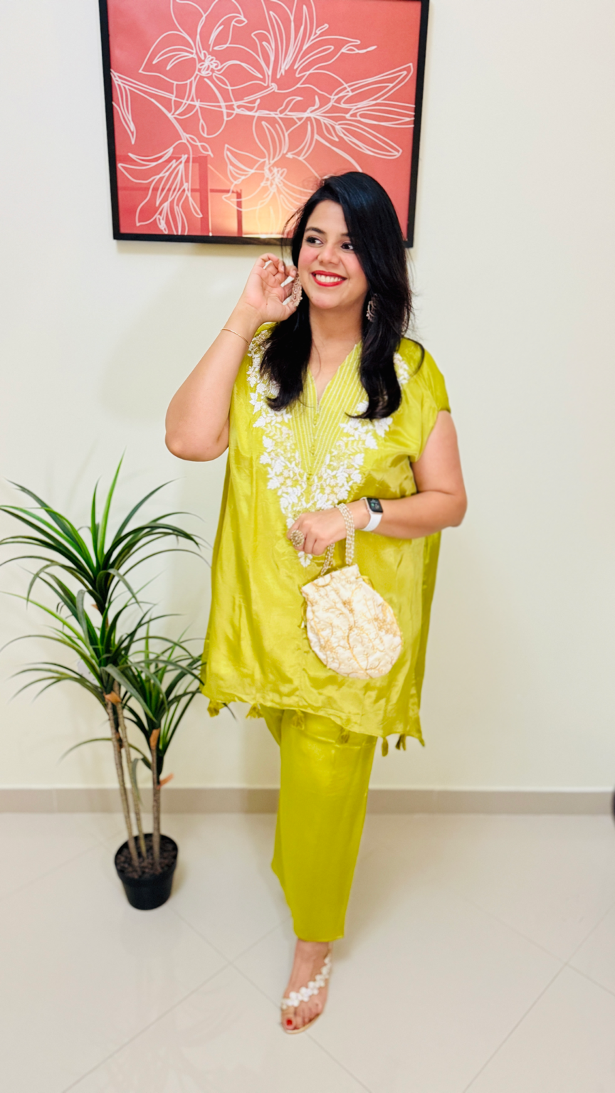 Lime Green Embroidered Kaftan Set