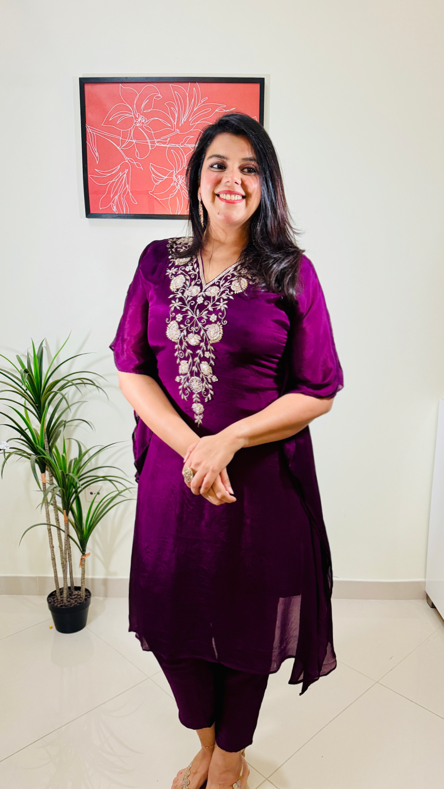 Purple Embroidered Kaftan Set