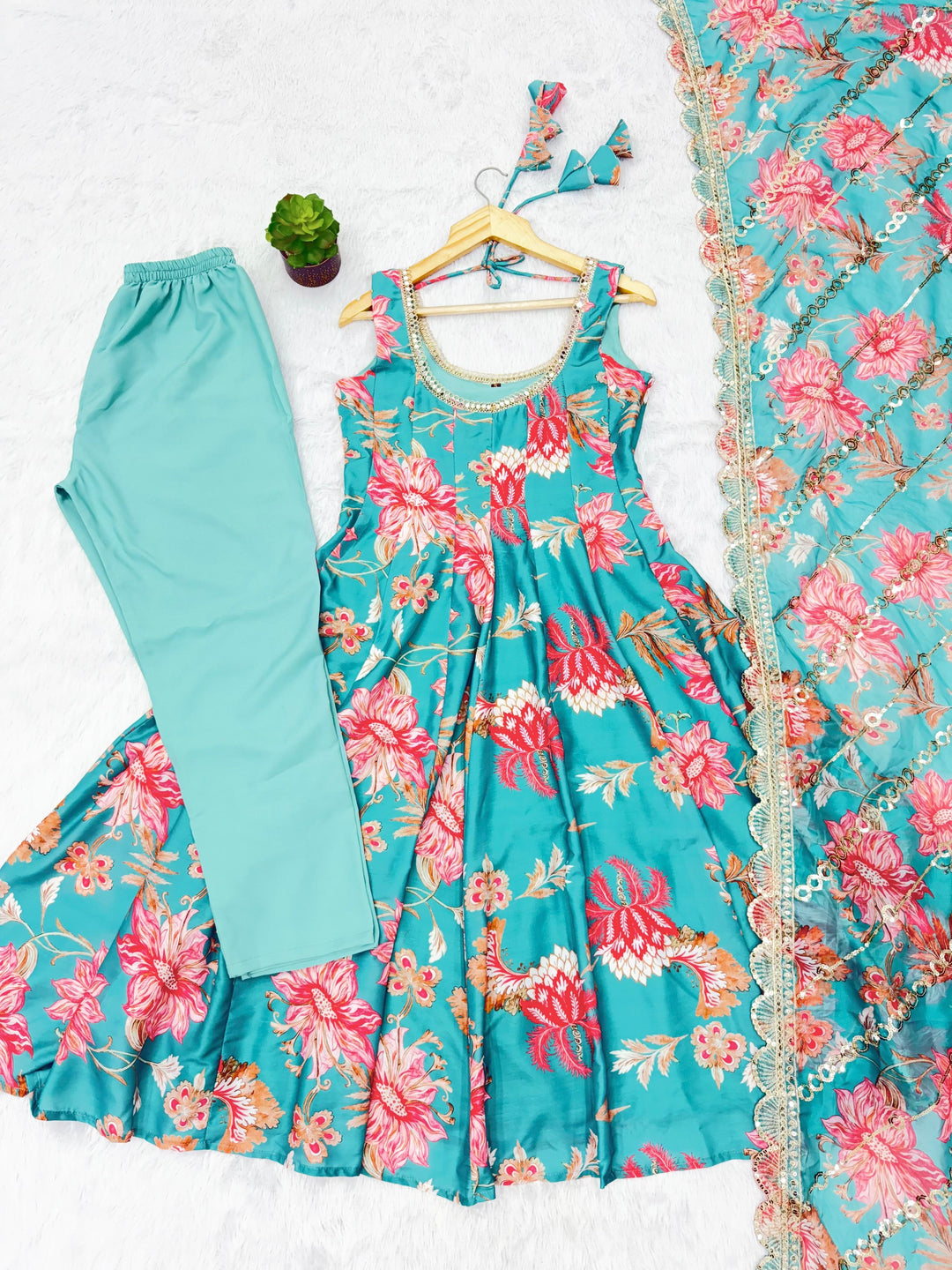 Light Blue Floral Long Anarkali Festive Suit