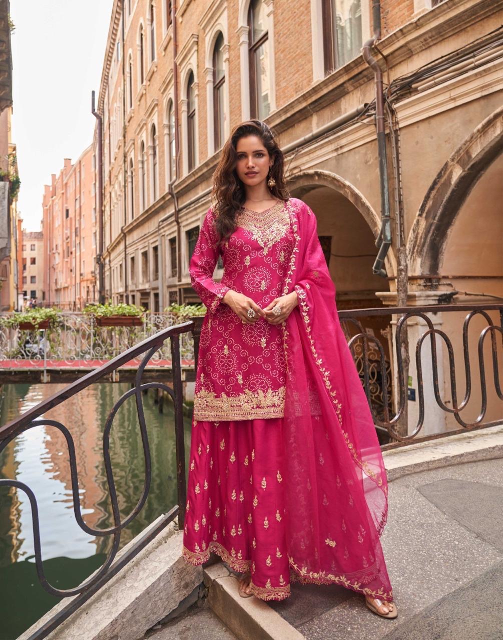 Rani Pink Bhandej Festive Wear Palazzo Suit