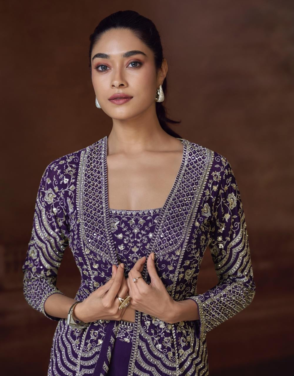 Purple Party Wear 3 Piece Mirror Work Jacket With Palazzo Set