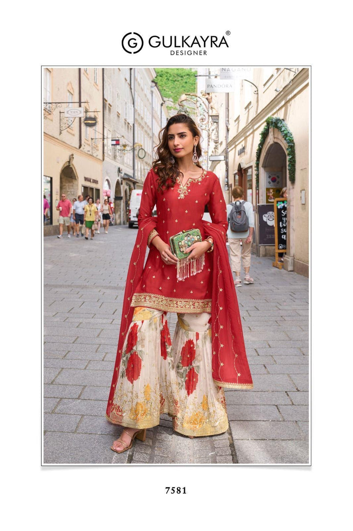 Red Karwachauth Special Party Wear Embroidered Straight Kurta With Printed Sharara and Red Dupatta