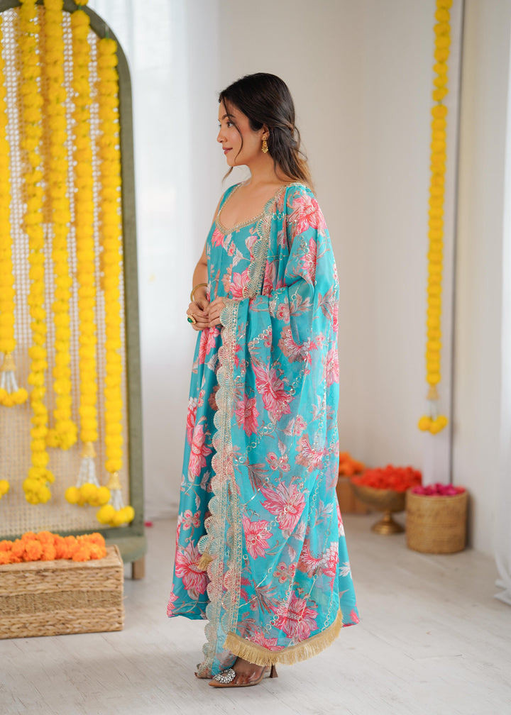 Light Blue Floral Long Anarkali Festive Suit