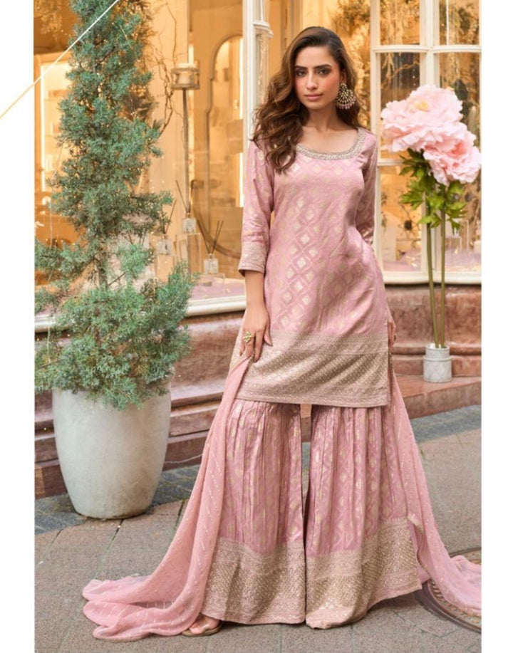 Baby Pink And Golden Festive Embroidered Sharara Suit