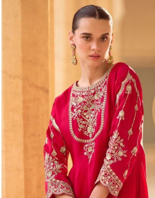 Red Karwachauth Special Party Wear Embroidered Kurta With Tulip Dhoti Pants and Red Dupatta